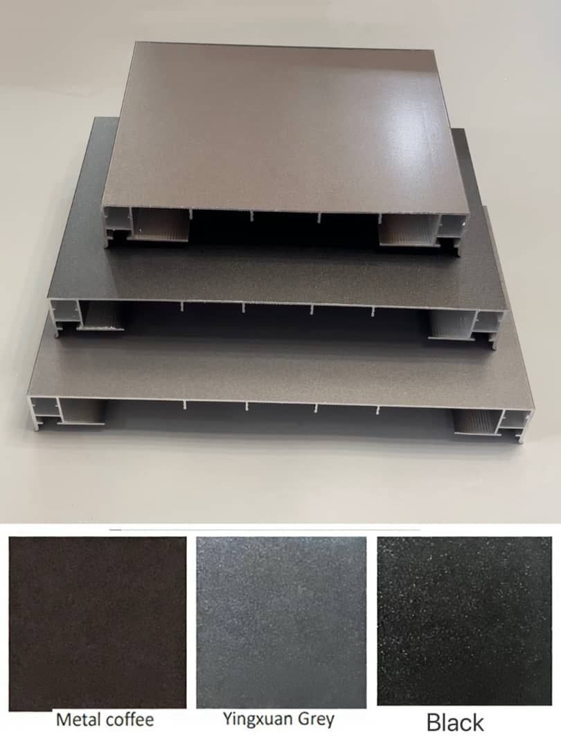 G2BMS Aluminium Alloy Wall Capping shown in three finishes stacked: Metal Coffee, Yingxuan Grey, and Black